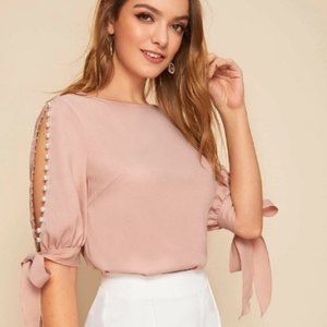 SHEIN Unity Faux Pearl Self-Tie Split Sleeve Top